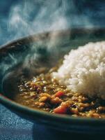 Steaming Bowl of Curry and Rice A Close Up of a Delicious and Aromatic Meal. photo