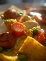 Close Up of Delicious Chicken Curry with Rice and Vegetables. A vibrant image showcasing the textures and colors of a hearty chicken curry. photo