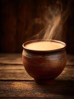 Steaming Cup of Masala Chai on Rustic Wooden Table. A close up image of traditional Indian tea. photo
