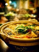 Steaming Hot Asian Soup in a Rustic Bowl, Close Up. photo