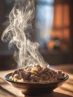 Steaming Bowl of Beef and Rice A Close Up of a Delicious Meal. photo