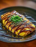 Delicious Okonomiyaki Close Up of Savory Japanese Pancake with Sweet Sauce. photo