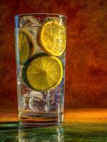 Refreshing Iced Citrus Drink in a Glass. Close up of lemon and lime slices in sparkling water with ice. photo