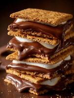 Close Up of Stacked S'mores with Melted Chocolate and Marshmallows. photo