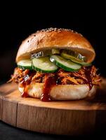 Delicious Pulled Pork Sandwich with Pickles and Barbecue Sauce. A close up shot of a mouthwatering pulled pork burger on a wooden board. photo