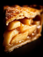Close up of a delicious apple pie slice, showcasing the flaky crust and sweet apple filling. photo