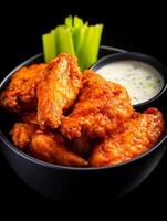 Close up of Spicy Buffalo Chicken Wings with Celery and Ranch Dressing in a Black Bowl. photo