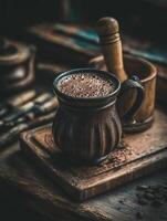 Close up of Steaming Hot Chocolate in Rustic Mug on Wooden Table. photo