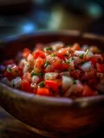 Close up of fresh Pico de Gallo in a rustic bowl. photo