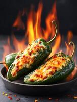 Close up of three delicious cheese stuffed poblano peppers roasting over an open flame. photo