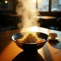 Steaming Noodle Bowl on Table with Natural Light photo