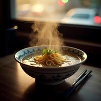 Serving of Hot Noodle Soup with Steam and Chopsticks photo
