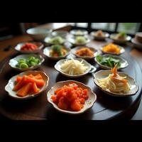 Assorted Appetizers on Small Plates Arranged on Table photo
