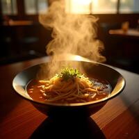 Serving Hot Pasta Soup with Herb Garnish and Steaming Aroma photo