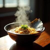 Bowl of Steaming Noodles with Seaweed and Garnish on Wood photo