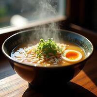 Serving Hot Ramen Bowl with Egg and Greens Near Window photo