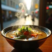 Steaming Noodle Bowl Close-up with Fresh Vegetables on Table photo