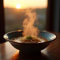 Noodle Soup Steaming at Sunset in Bowl on Table photo