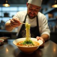 Chef Preparing Noodle Dish with Chopsticks in Kitchen photo