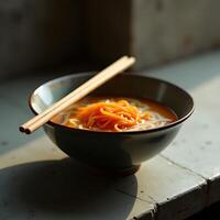 Bowl of Delicious Noodles with Chopsticks Ready to Eat photo