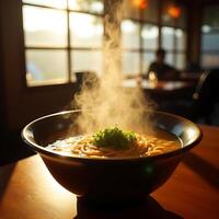 Steaming Noodle Soup with Green Topping in Restaurant photo
