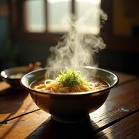 Steaming Bowl of Noodles with Greens on Rustic Wood Table photo