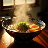Bowl of Steaming Noodle Soup with Eggs and Green Garnish photo