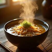 Steaming Noodle Soup with Green Garnish in Bowl on Wooden Table photo