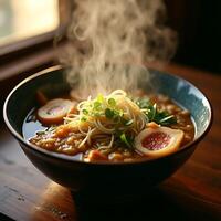 Serving of Hot Ramen Soup with Noodles and Vegetables on Wooden Table photo