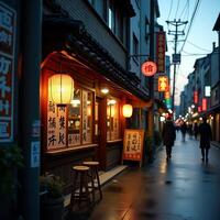 Walking Down Japanese Street at Dusk with Glowing Lanterns photo