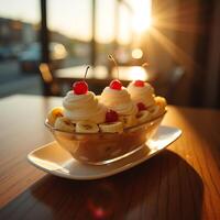 Enjoying a Creamy Banana Split Sundae with Cherry Topping photo