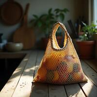 Mesh Bag with Fruits on Wood Table in Soft Light photo