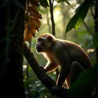 Monkey Climbing on Branch Looking at Yellow Bananas in Jungle photo