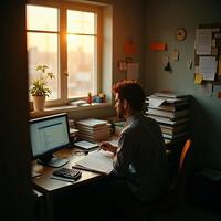 Man Working at Desk with Computer by Window at Sunset photo