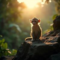 Monkey Sitting on Rock at Sunrise with Lush Forest Backdrop photo