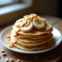 Stack of Pancakes with Bananas and Caramel Drizzle on Plate photo