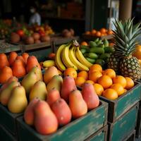 Fresh Fruit Variety Displayed in Wooden Crates at Market photo