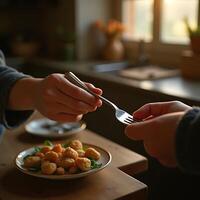 Sharing Appetizer with a Fork in Warm Kitchen Setting photo