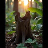 Tree Stump Standing Tall in Forest with Sunlight Filtering Through Leaves photo