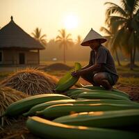 Farmer Harvesting Calabash Gourds at Sunrise in Rural Setting photo