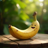 Smiling Banana on Wooden Table in Sunny Outdoor Setting photo