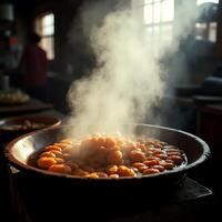 Cooking Small Round Dumplings with Steam in Large Pan photo