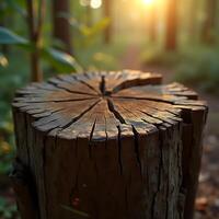 Tree Stump in Forest at Golden Hour with Sunlight photo