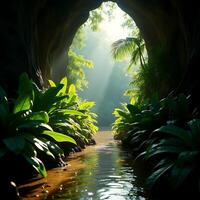 Flowing River From Cave Opening with Sunlight and Tropical Plants photo