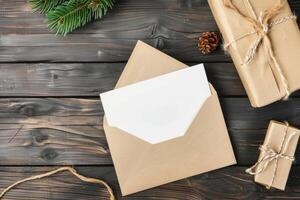 A brown envelope with a white card on a wooden table photo