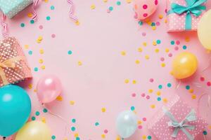 The background has a pink color with colorful balloons and confetti photo