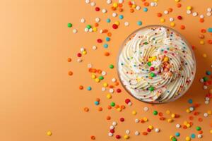 A bowl of whipped cream and colorful sprinkles on an orange background photo