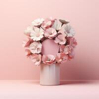 A vase filled with pink and white flowers against a pink background photo