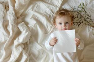 A baby is resting on a soft bed, holding a piece of paper photo