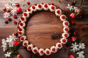 A delicious cake topped with cherries and whipped cream is on a wooden table photo